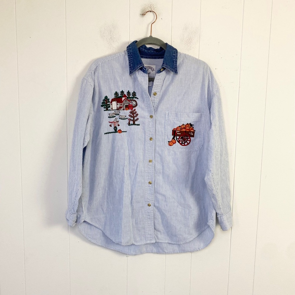 Solutions Original Striped Fall Embroidered Denim Collar Shirt Size Medium